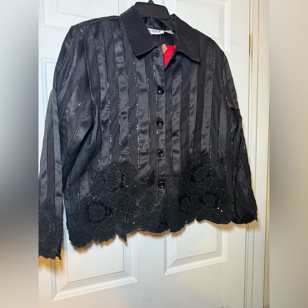 Anage Vintage Black Stripe Black Womans Blazer Jacket Lace & Sequins NWT Large